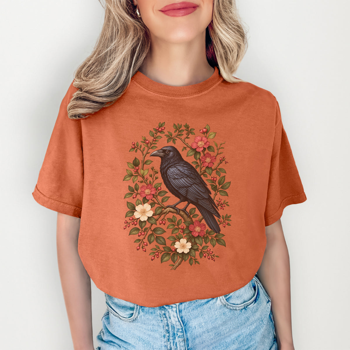Vintage Raven And Flowers Graphic Shirt Yam Orange Garment-Dyed Cotton Tee