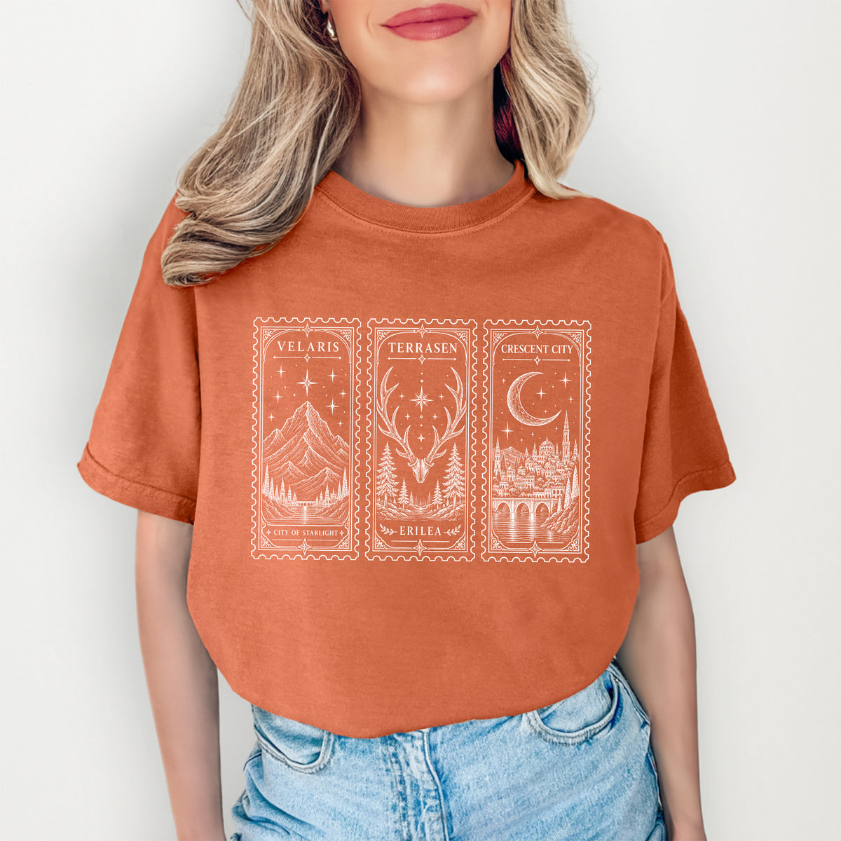 Grafik-Top mit Fantasy-Buchpostkarte – Bookish-T-Shirt mit Velaris und Terrasen