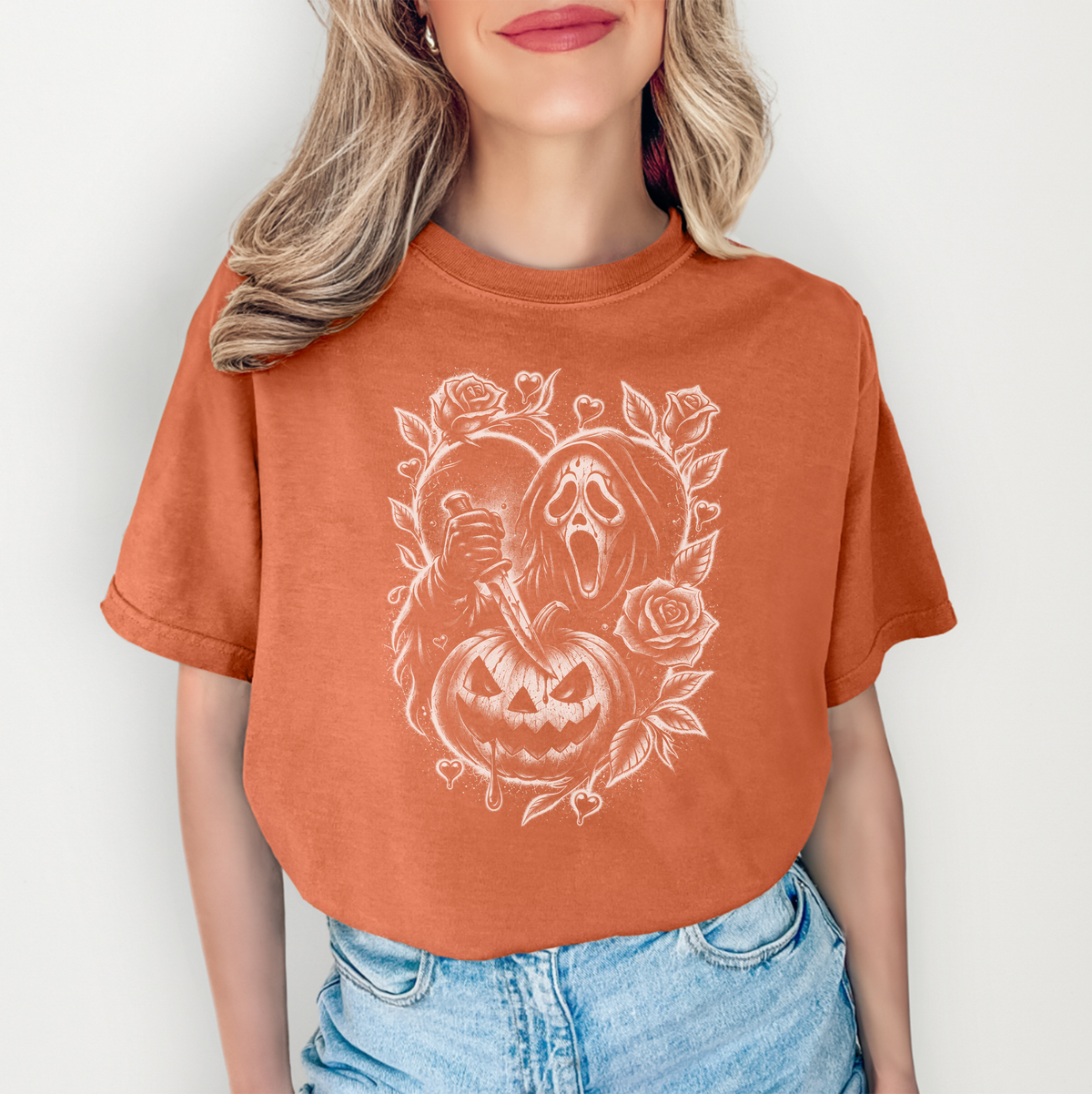 Horror-Slasher-T-Shirt mit Blumen-Kürbis-Motiv – Gruselige Ghostface-Rosen