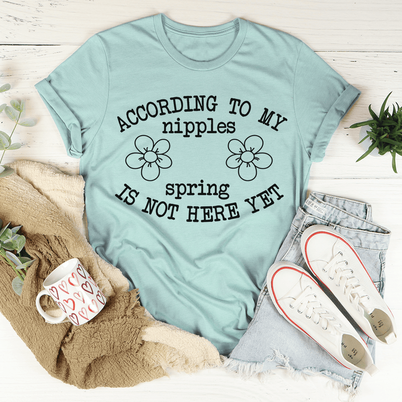 According To My Nipples Spring Is Not Here Yet Tee Heather Prism Dusty Blue / S Peachy Sunday T-Shirt
