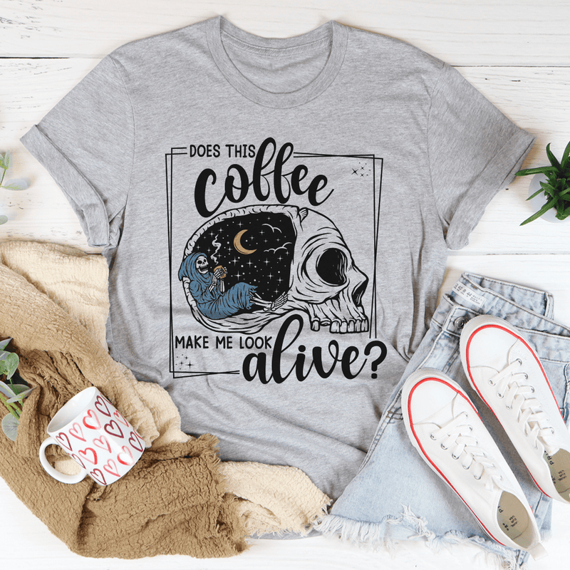 Does This Coffee Makes Me Look Alive Cozy Skull Tee Athletic Heather / S Peachy Sunday T-Shirt