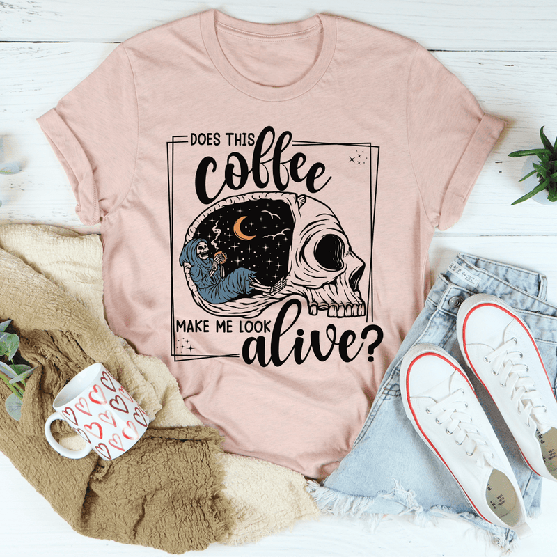 Does This Coffee Makes Me Look Alive Cozy Skull Tee Heather Prism Peach / S Peachy Sunday T-Shirt