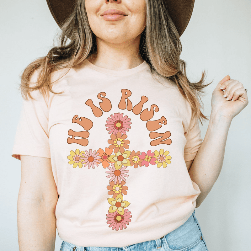He Is Risen Floral Cross Tee Peachy Sunday T-Shirt