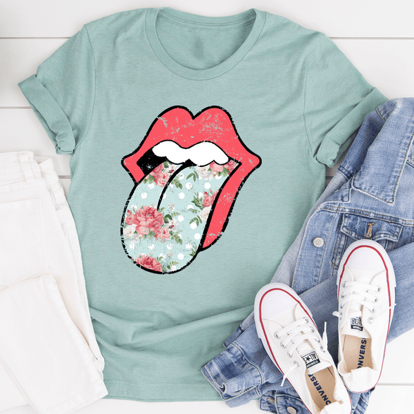 Hippie Floral Tongue Tee Heather Prism Dusty Blue / S Peachy Sunday T-Shirt