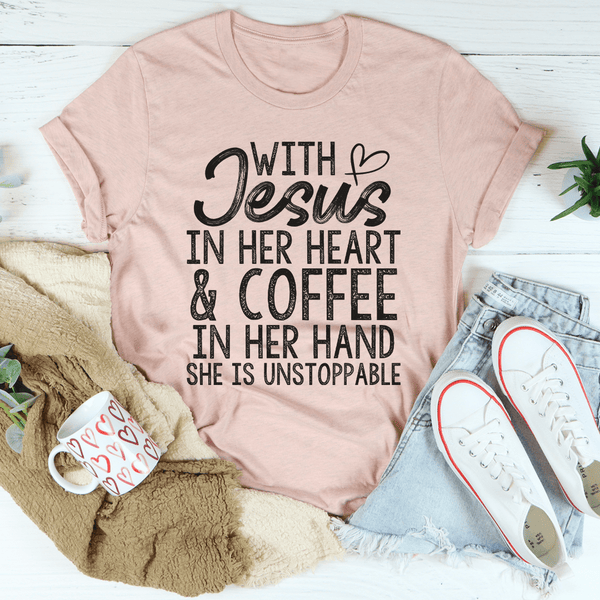 Jesus In Her Heart And Coffee In Her Hand Tee Heather Prism Peach / S Peachy Sunday T-Shirt