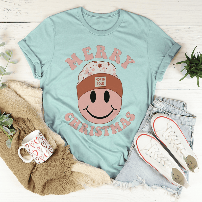Merry Christmas Smiley Tee Heather Prism Dusty Blue / S Peachy Sunday T-Shirt