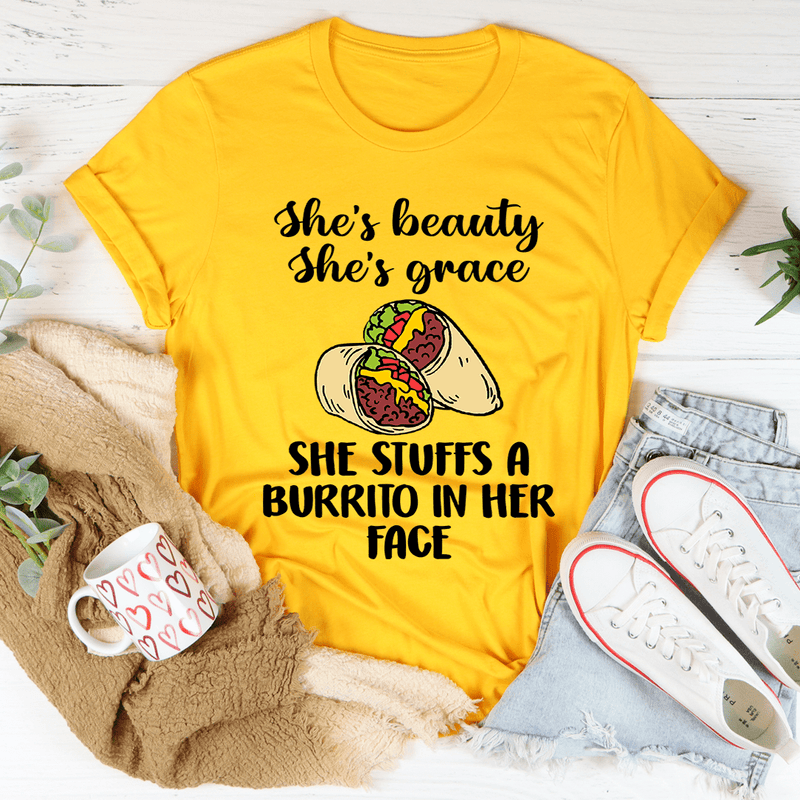She's Beauty She's Grace She Stuffs A Burrito In Her Face Tee Mustard / S Peachy Sunday T-Shirt