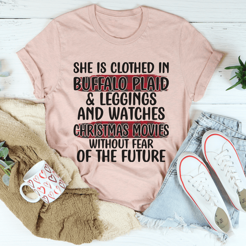 She's Clothed In Buffalo Plaid & Watches Christmas Movies Tee Heather Prism Peach / S Peachy Sunday T-Shirt