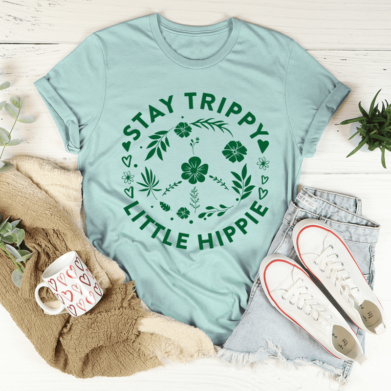 Stay Trippy Little Hippie Floral Peace Sign Tee Heather Prism Dusty Blue / S Peachy Sunday T-Shirt