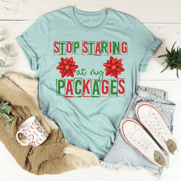 Stop Staring At My Packages Tee Heather Prism Dusty Blue / S Peachy Sunday T-Shirt